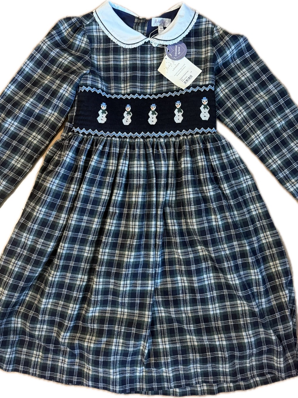NWT Rachel Riley 10Y Smocked Snowman Plaid Christmas Dress